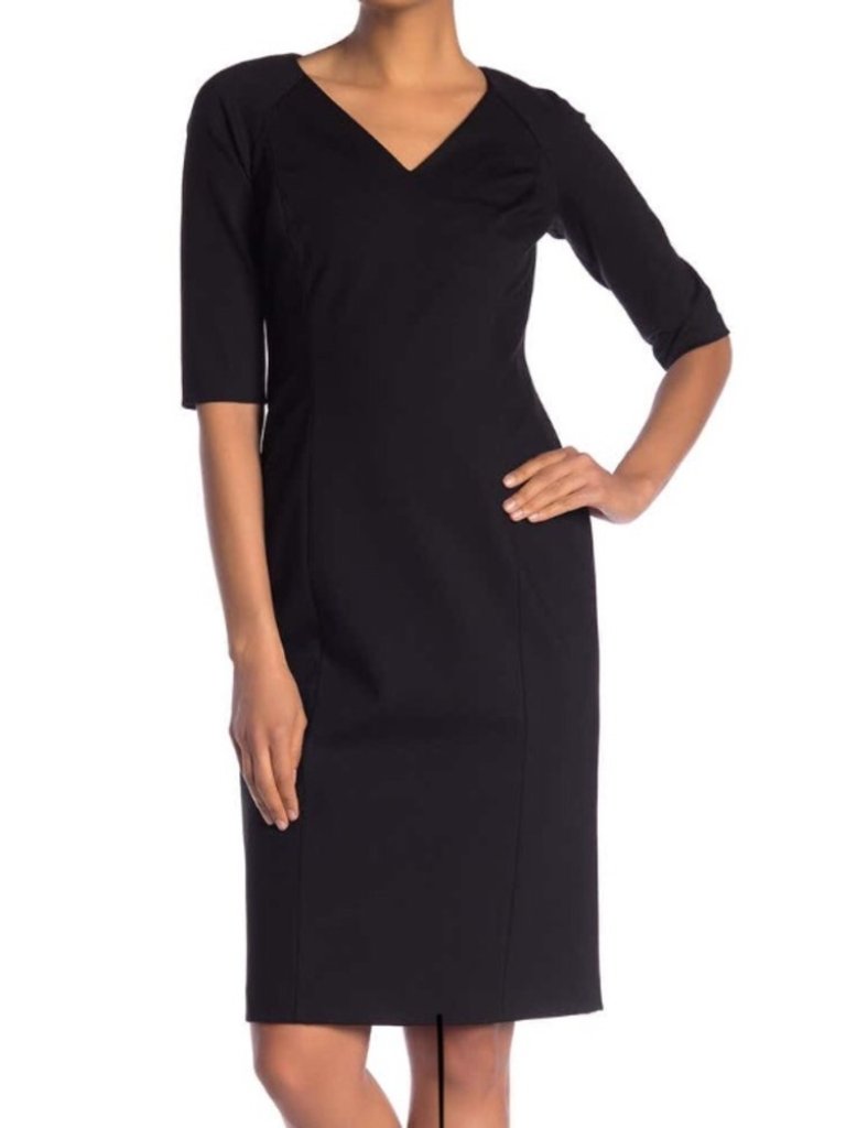 Lafayette 148 $748 Black V-Neck Midi Dress With Ruched Sleeves Sz M Nwt!